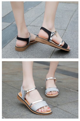 WOMEN'S Stylish Glitter Embellished Flat Sandals Girls Strap sandals Shoes NEW - Picture 4 of 25
