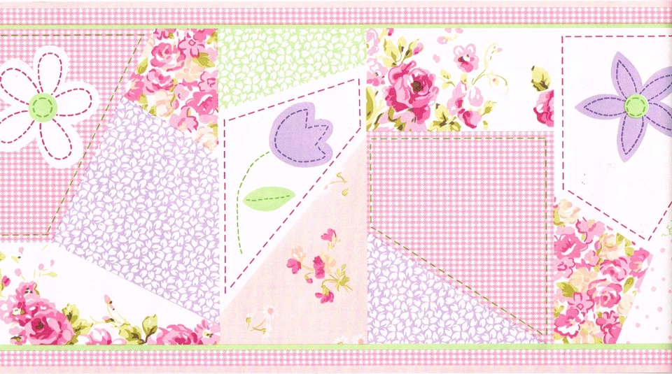 Borde de papel de pared floral rosa a cuadros púrpura guinga edredón de retazos puntada rosa Foto 2 de 2