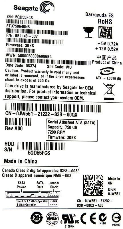 Hard Drive Dell 0JW551 JW551 ST3750640NS 750GB 32MB Cache SATA /SAS 3.5 " Inch - Image 3 of 3