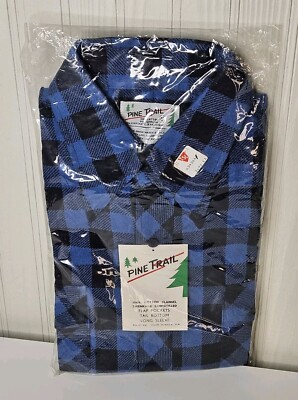 Vtg Pine Trail Flannel Shirt Mens Medium Blue Plaid Button Up Flap Pockets NOS