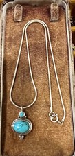 Estate Sterling Silver Turquoise Oval Pendant Snake Chain Necklace