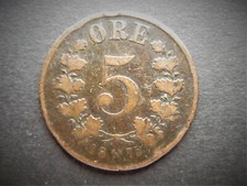 NORWAY BRONZE 5 ORE 1875  LOW MINTAGE  / SNIFF'S  ANCIENT COINS T-4