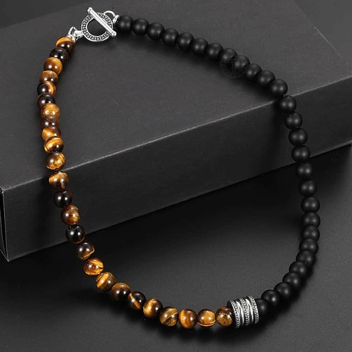 18/20" Mixed Black Matte Polar Jade + Tiger Eyes Necklace Stainless Steel Toggle - Picture 4 of 12