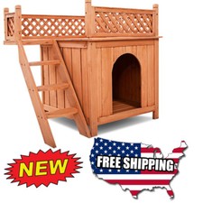 Dog House Wood Room Puppy Pet Shelter Kennel Bed Indoor Outdoor w Balcony Wooden