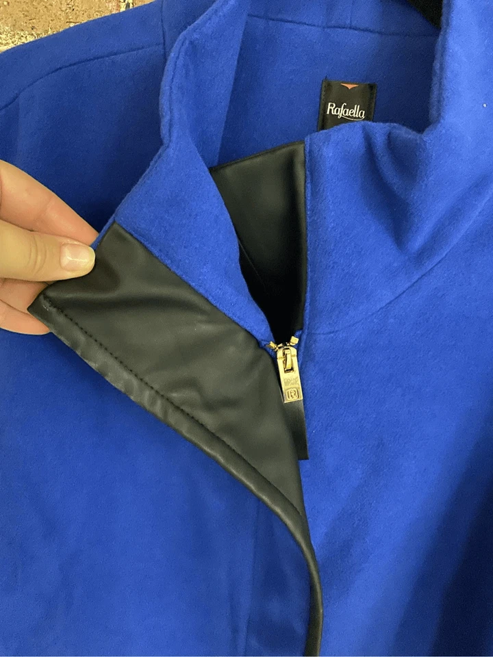 Abrigo para mujer Rafaella azul zafiro cuello alto imitación lana/cuero ribete 3X nuevo con etiquetas Foto 2 de 4