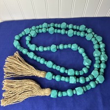 Turquoise Wooden Bead Garland 82 Inch Tassel Boho Farmhouse Decor