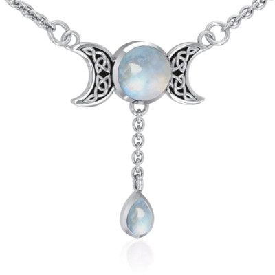 Triple Moon Goddess Moonstone Drop Sterling Silver Celtic Wiccan Necklace 18''