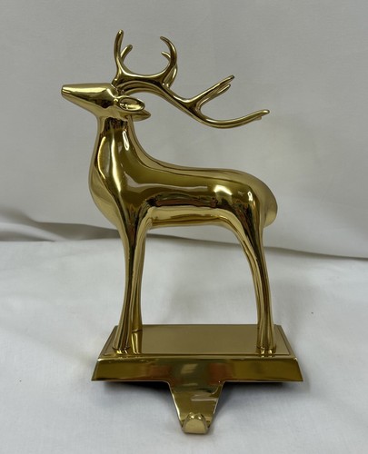 Vintage Pottery Barn Heavy Gold Brass Reindeer Stocking Holder ~ Stamped Bottom