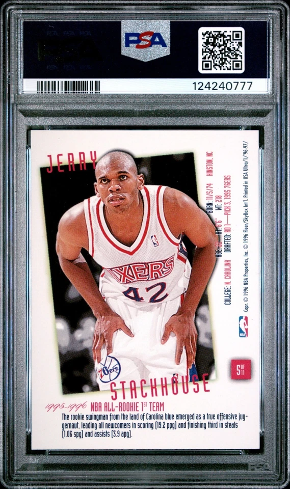 PSA 10 GEM MINT 1996 ULTRA JERRY STACKHOUSE #5 76ers ROOKIE FLASHBACK 40777 B295 - Image 2 of 2