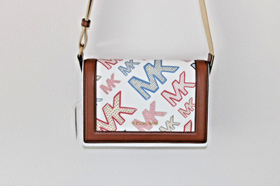 Michael Kors Jet Set Large Full Flap Crossbody Bag Optic White Multi Logo NWT