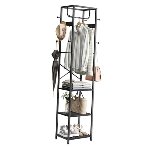 Black Freestanding Coat Rack with 12 Hooks & 3 Storage Shelves