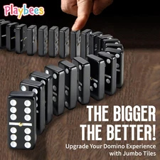 Jumbo Double Six Dominoes Set - 28 Black Classic Tiles in Faux Leather Case - Fu
