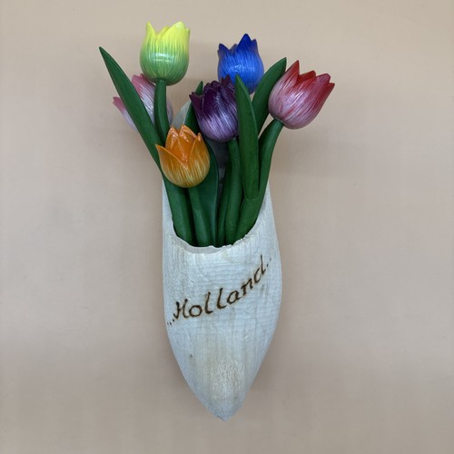 Hand Carved Dutch Wooden Shoe With 6 Tulip Flowers Wall Decor Holland New READ!