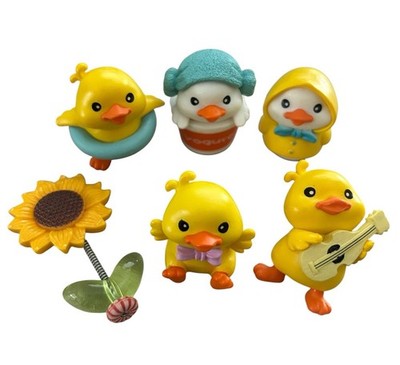 6PCS Cute Duck Figure Car Dashboard Decor Mini Desk Ornaments w/ Adhesive Flower