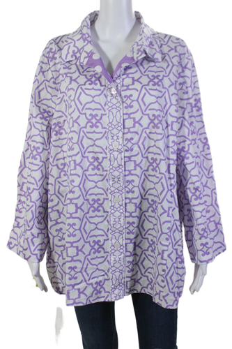 Patty Kim Womens Button Front 3/4 Sleeve Abstract Shirt White Lilac Size 3X