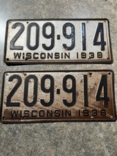 Paire de plaques d'immatriculation Wisconsin 1938 209-914 d'origine non restaurée