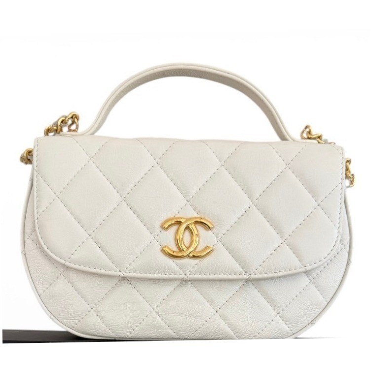 Chanel Mini Top Handle Flap Bag Cream Quilted Lambskin Gold