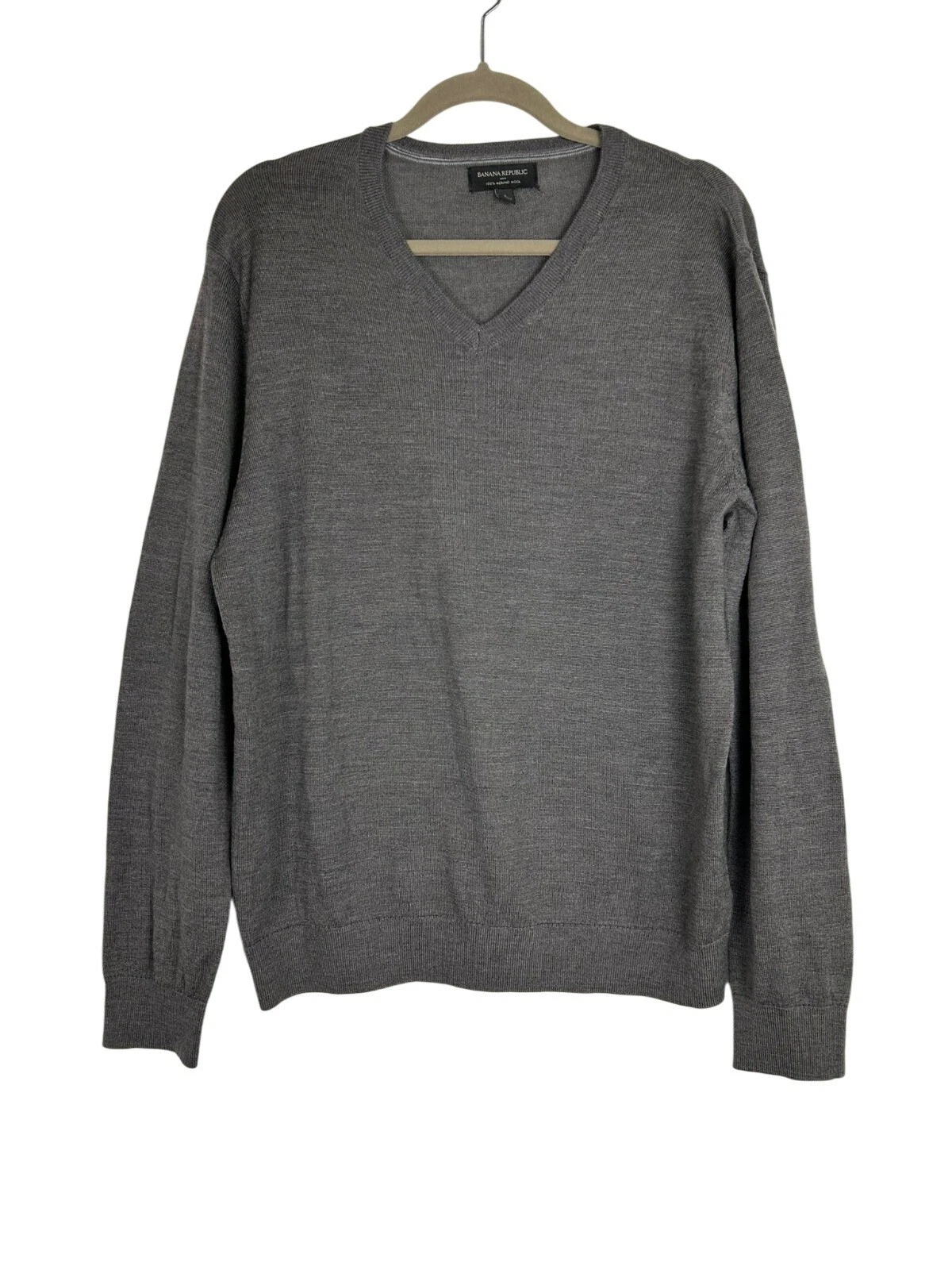 Banana Republic Men's Sweater Gray 100% Merino Wool V-Neck Pullover Large