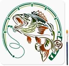 Fishing Rod Lake Fish Stencil 11.8x11.8 Inch Paint Brush Craft Template