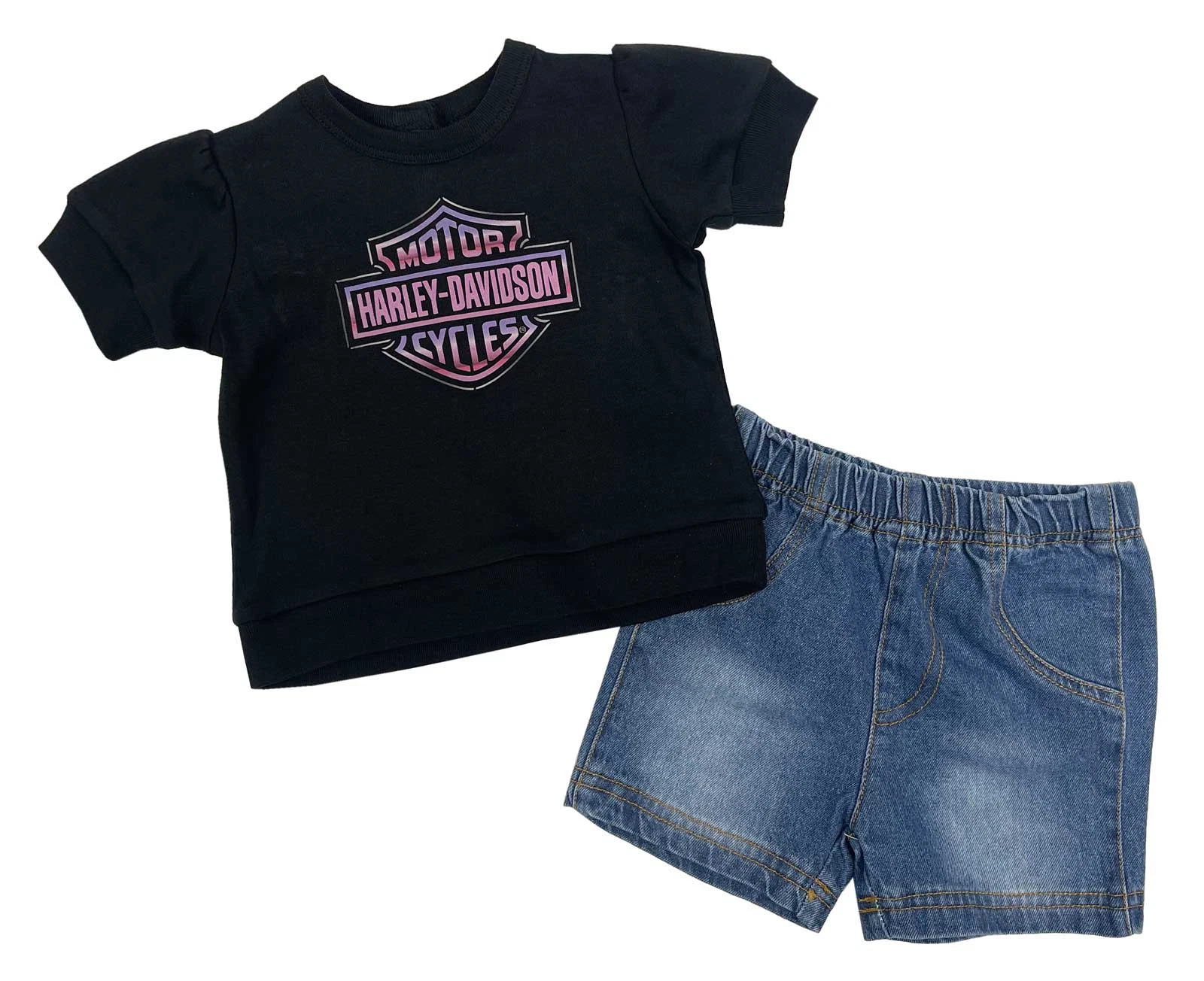 Harley-Davidson Baby Girls' 2 Piece Knit Pullover & Denim Shorts Newborn Set