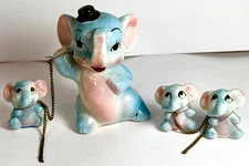 MCM SONSCO Japan Elephant Family Figurine Set, Mama & 3 Babies, Chained, Vintage