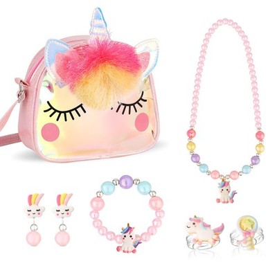 Hifot Unicorn Crossbody Bag Purse with Jewelry Set Little Girls, Medium, pink 