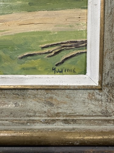 Ancienne huile sur panneau signée Maxime : paysage situé dans une forêt au dos - Foto 4 di 13