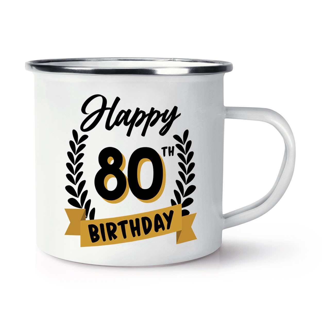 Happy 80th Birthday Black Gold Enamel Mug Cup Grandma Grandad Mum Dad