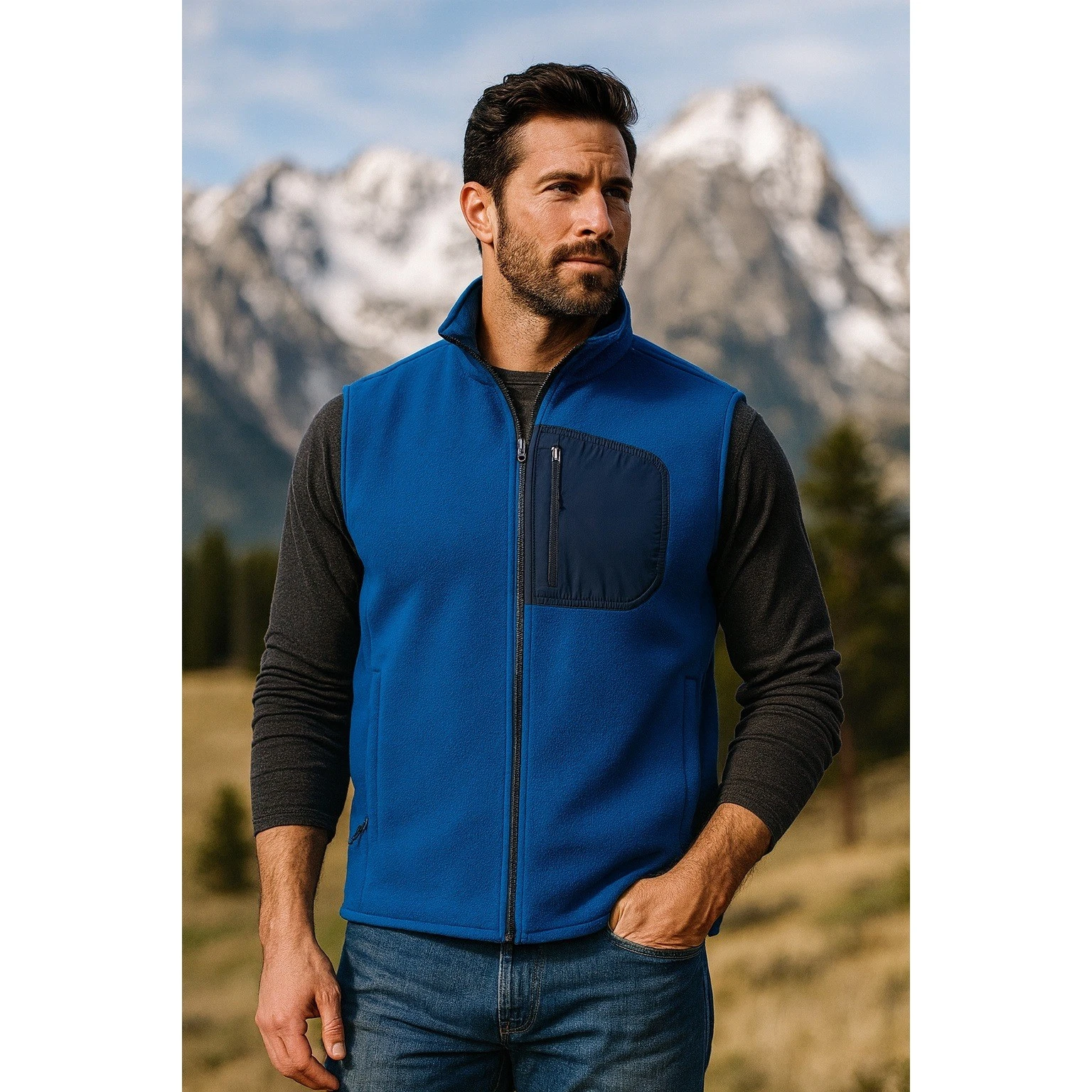 NWOT Lands End Mens Sherpa Fleece Vest Blue Full Zip Pocket Gorpcore NEW Large