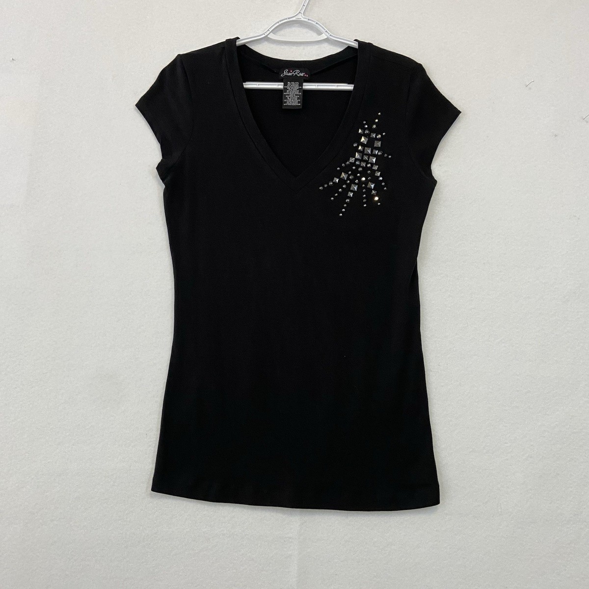 Susie Rose black V-Neck Embellished Tee W/ Rhinestone Design Women Size XL 15/17