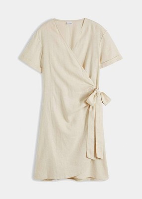 Leinenkleid mit V-Ausschnitt Gr. 52 Kieselbeige Damenkleid Wickel-Kleid Neu*