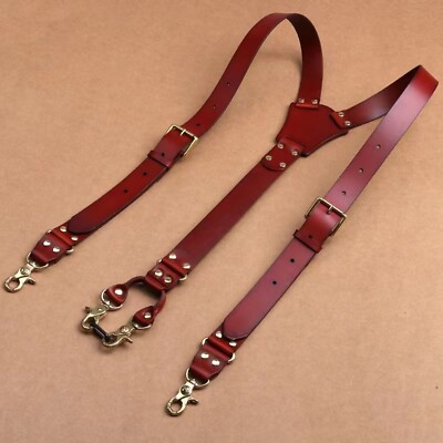 US Mens Suspenders Strap Adjustable Duty Suspenders PU Leather Heavy Buckles