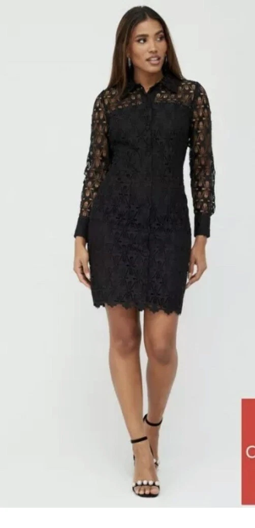 V by Very Lace Short Shirt Dress Black Uk Size 6 Party Cocktail