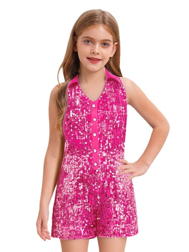 Girl Sparkly Sequin Romper Single Breasted Lapel Jumpsuit Wide Leg Disco Dance - Picture 46 of 75