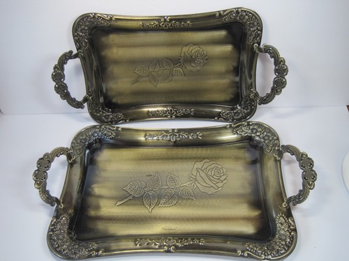 Set Of 2 Serving Trays W/Handels Edelglanz Engraved Flowers 18" x 10" & 16" x 8"