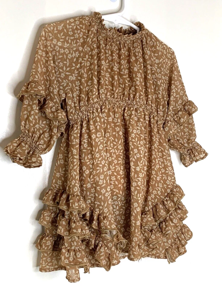 Noralee Niñas 18 Meses Marrón Beige Bebé Ditsy Floral Boho Vestido Volantes Elástico Foto 2 de 4