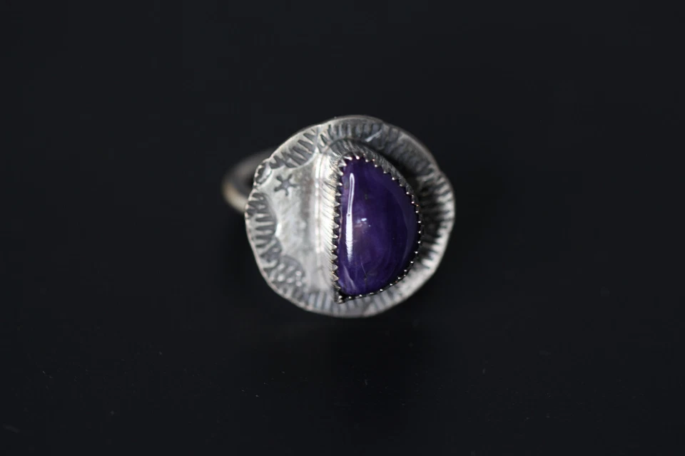 Sugilite Ring Purple Cabochon Gemstone .925 Sterling Silver Size 4.5 Celestial - Image 3 of 4