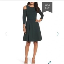 Eliza J Cold Shoulder Cut Out Fit & Flare Dress Forest Green