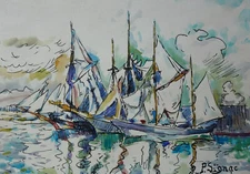 Rare unique French Pointilism Impressionist painting, Seaside, signed Signac