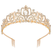 Gold Crystal Tiara Crown Headband Princess Elegant Crown with combs 02 Gold