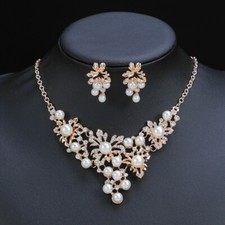Faux Pearl Crystal Flower Leaf Necklace Earrings Bridal Jewelry Set