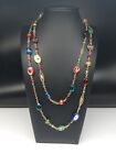 Gold Tone Chain Filigree Designs Multicolor Glass /Acrylic Beads 37 " Necklace