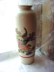 Vintage Asahi Vase Peacocks Cream Crackle Ceramic Metallic Gold Accent Japan