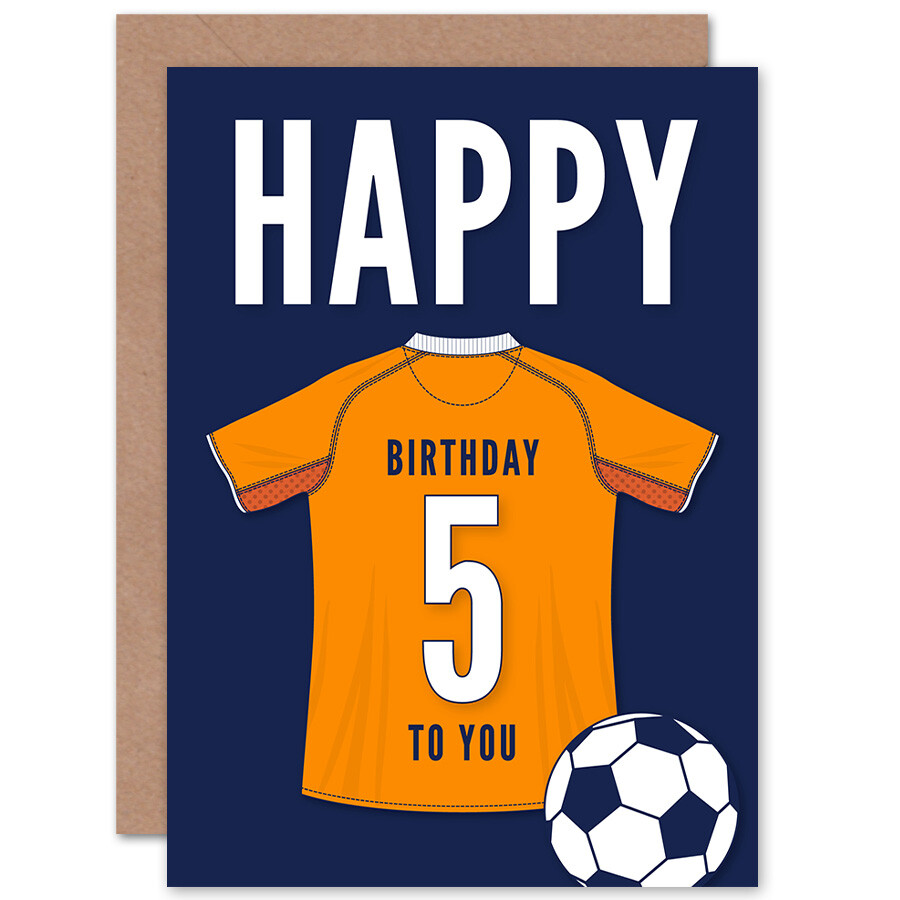 Soccer Football 5th Birthday Card for Boys Girls Orange Jersey Top on Dark Blue