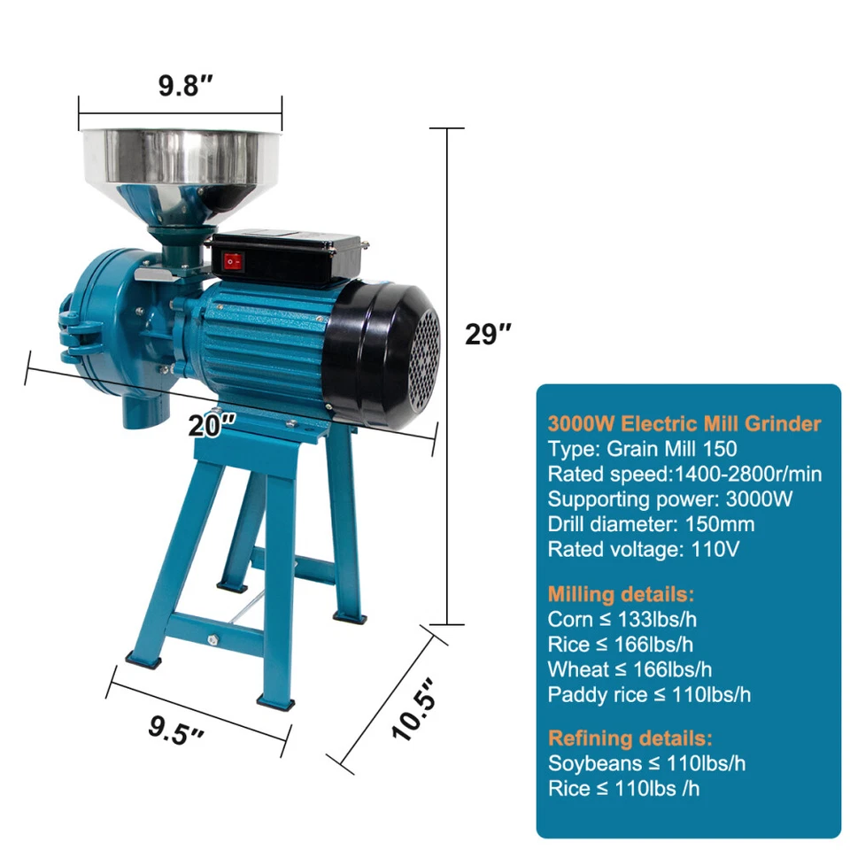 110V 3000W Electric Grain Corn Wheat Feed Mill Dry&Wet Cereals Grinder w/Funnel - Image 3 of 4