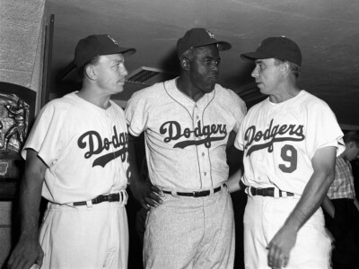 PEE WEE REESE & JACKIE ROBINSON WITH EDDIE STANKY DODGERS GREATS