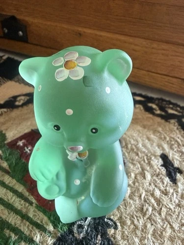 Fenton Clear Green Satin Handpainted Signed A. Farley Sitting Bear Figurine