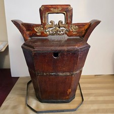 Antique Chinese Wooden Bucket w/lid, Asian wood pail, wood lunch pail