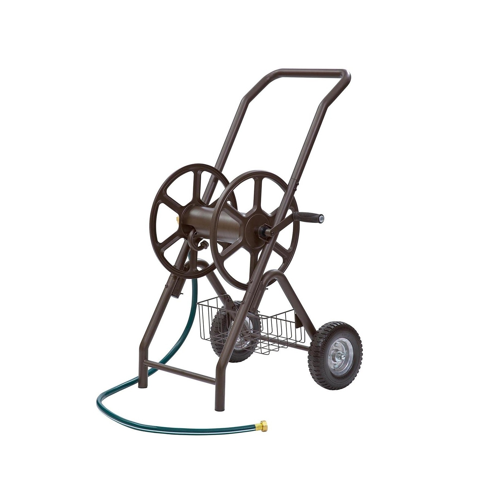 Two Wheel Hose Cart with Never Flat Tires and Storage Basket for Garden Yard Use