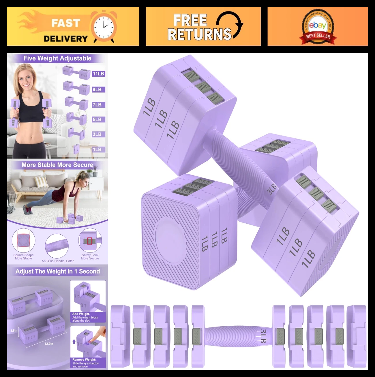 Adjustable Dumbbell Set 22LBS - 5 Levels Hand Weights for Home Gym Workout